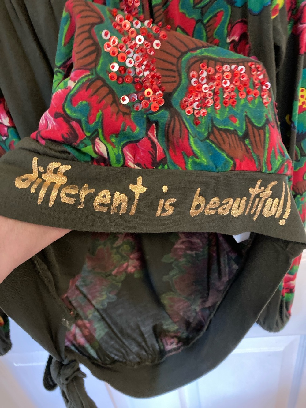 Desigual Olive Tunic “different is beautiful”with Pink & Green Floral Print - Picture 3 of 11